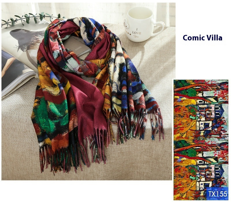 Tassel Digital Printing Scarf Cashmere Oil Painting Shawl