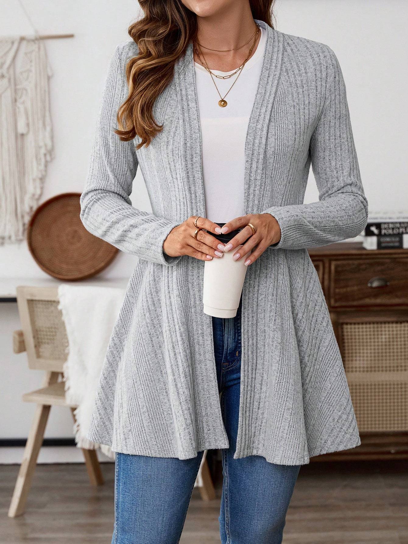 Women's Casual Solid Color Ribbed Knit Jacket