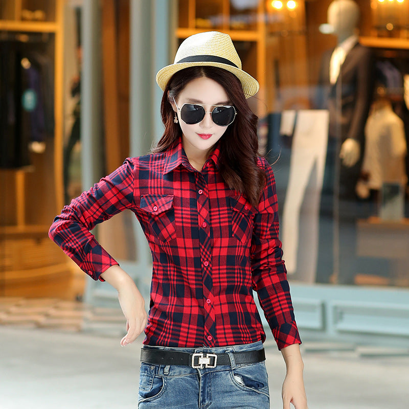Korean Style Plaid Women's Autumn Clothing Slim Women Loose Cotton Long Sleeve Shirt
