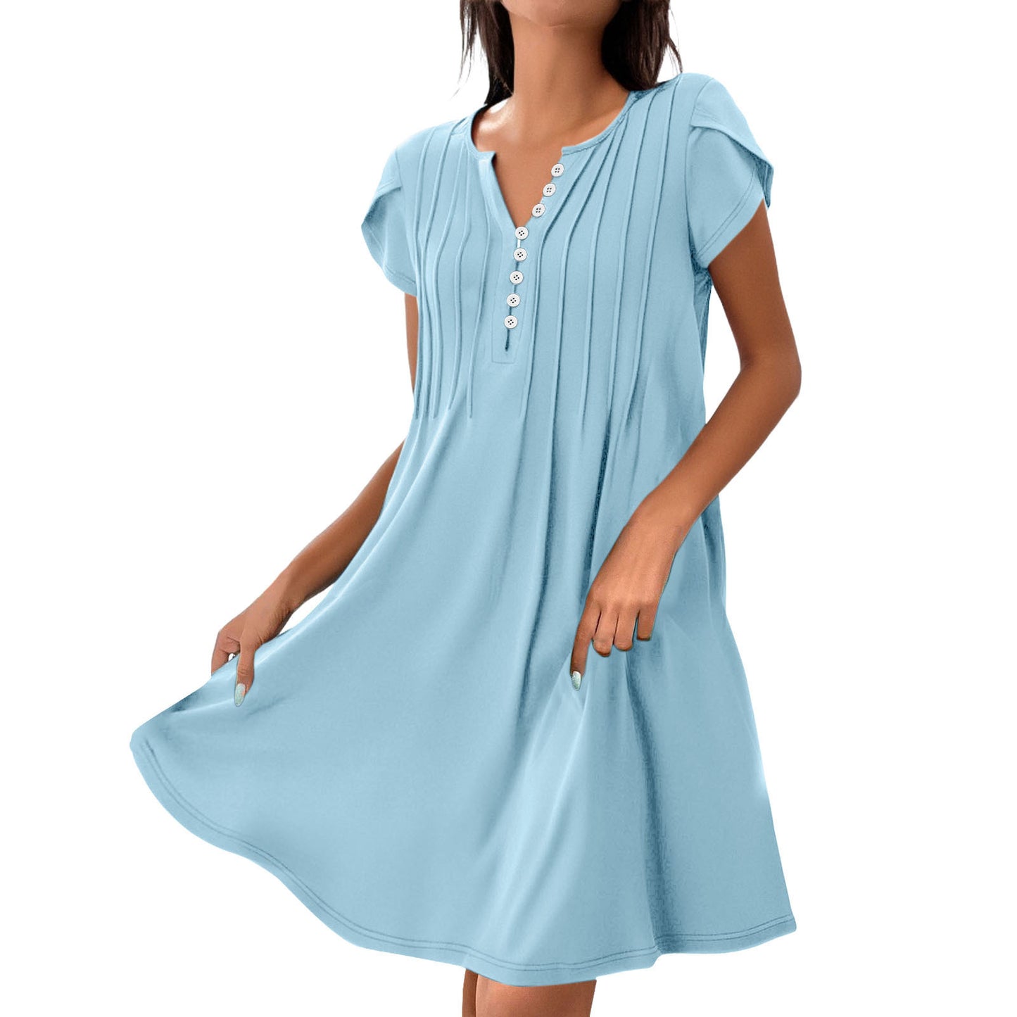 V-neck Solid Color Pullover Comfort And Casual Button Dress
