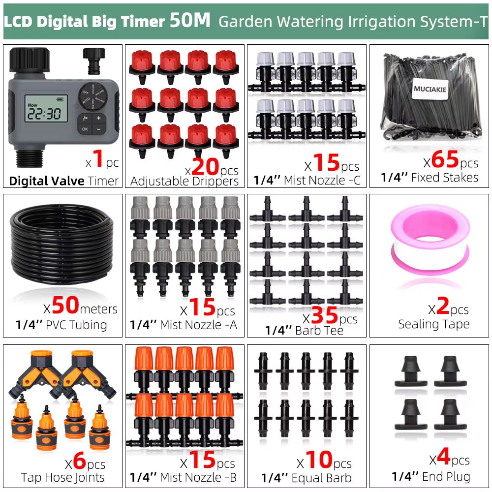 50M-5M DIY Drip Irrigation System Automatic Watering Garden Hose Micro Drip Watering Kits with Adjustable Drippers
