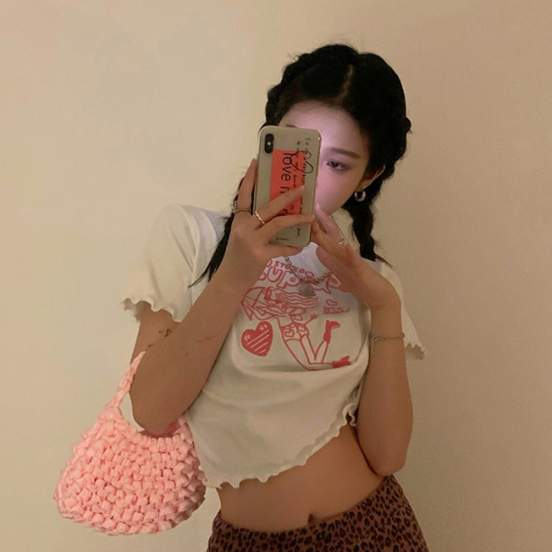 White T-shirt Women's New Cropped Navel Embroidered Top