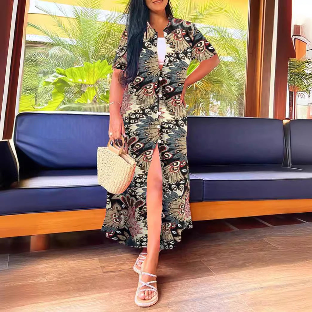 Long Striped Printed Dress Women's Clothing