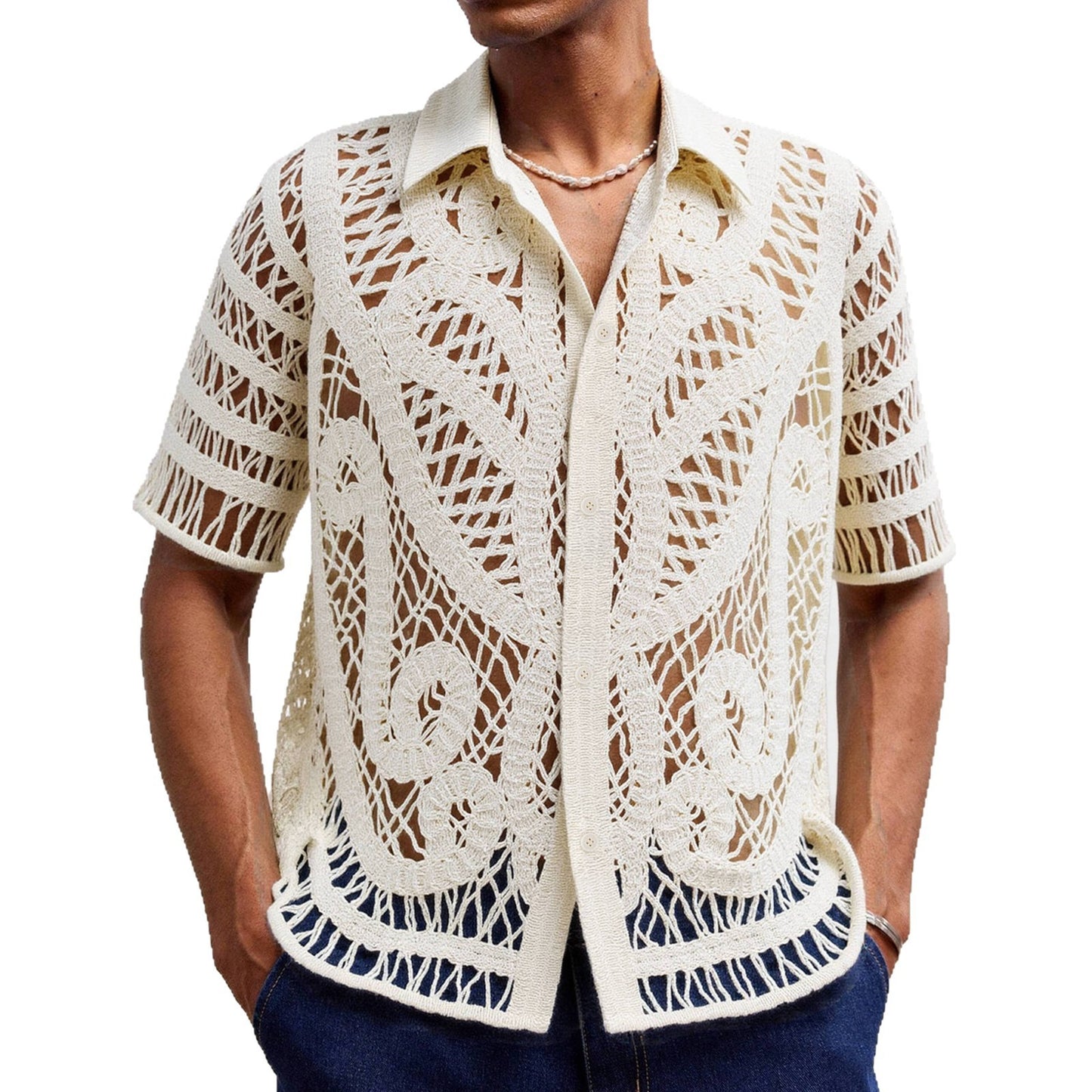 Men's Hollow Sweater Short Sleeved Crochet Cardigan Polo Shirt