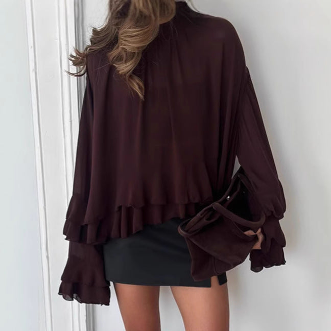 Brown Ruffled Chiffon Lace Stand Up Collar Shirt