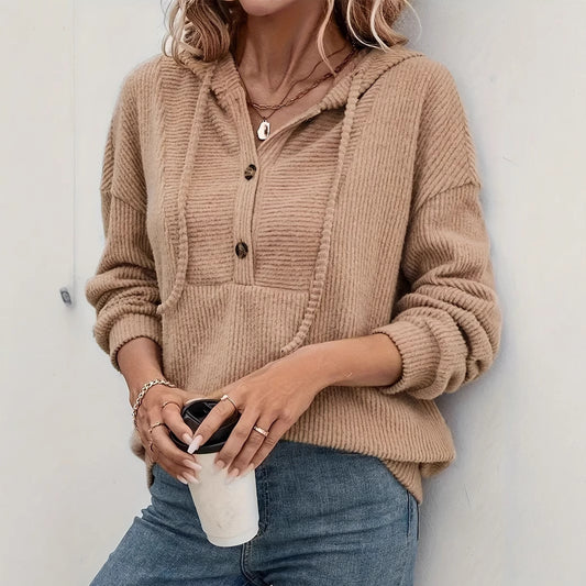 Fall Winter Hooded Sunken Stripe Long-sleeved Sweater