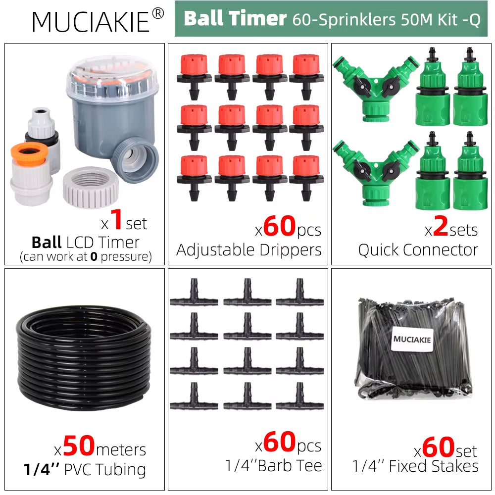50M-5M DIY Drip Irrigation System Automatic Watering Garden Hose Micro Drip Watering Kits with Adjustable Drippers