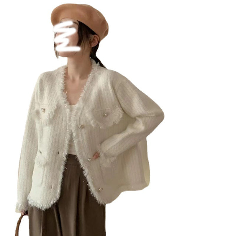 New Gentle Sweet Style White Vertical Striped Sweater Coat For Women
