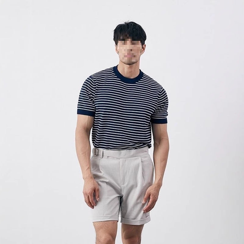 Men's High-grade Casual Striped Round Neck Knitted T-shirt