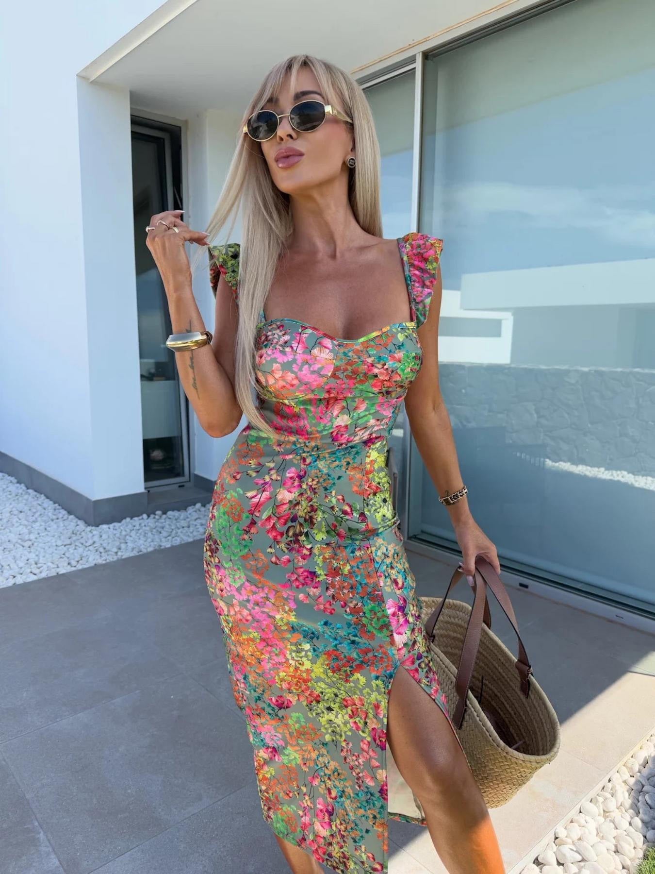 French Flower Sleeveless Split Women's Dress