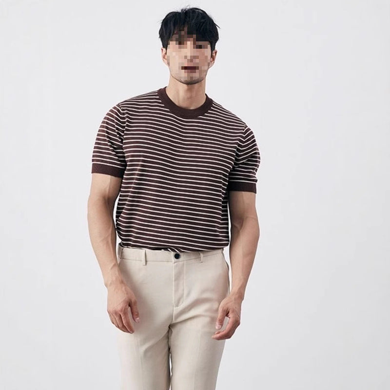 Men's High-grade Casual Striped Round Neck Knitted T-shirt