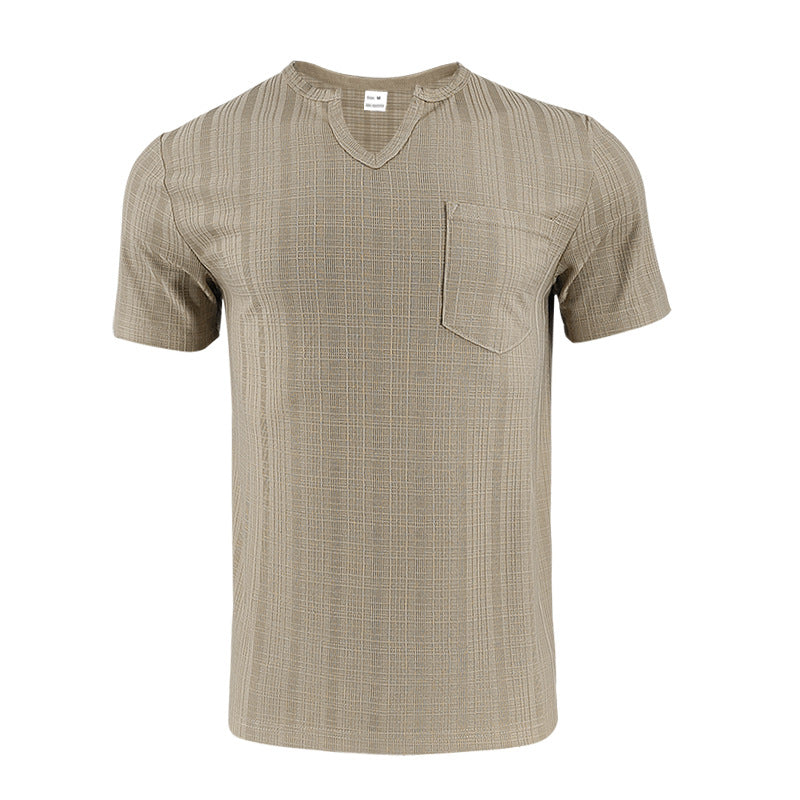 Men's Artificial Linen Bamboo Loose Casual Breathable V-neck Solid Color Short Sleeve