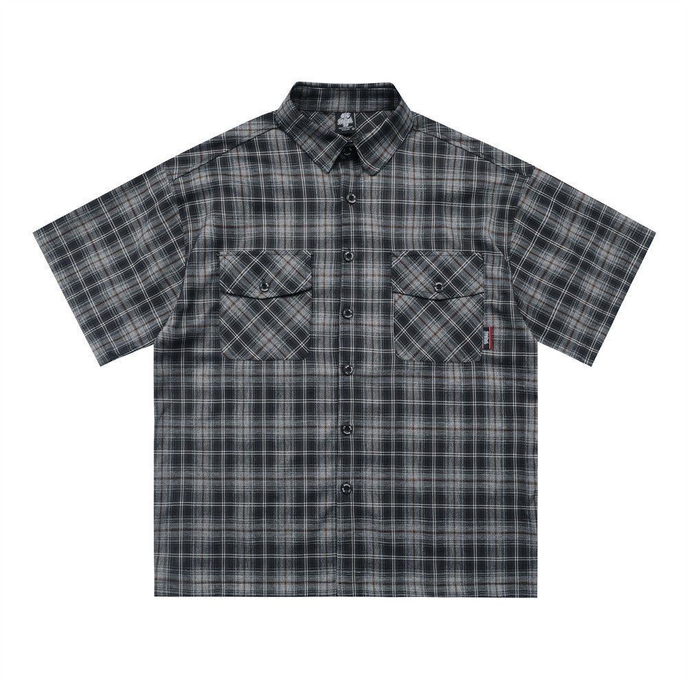 Letter Embroidered Short Sleeve Plaid Shirt Lapel Loose Shirt
