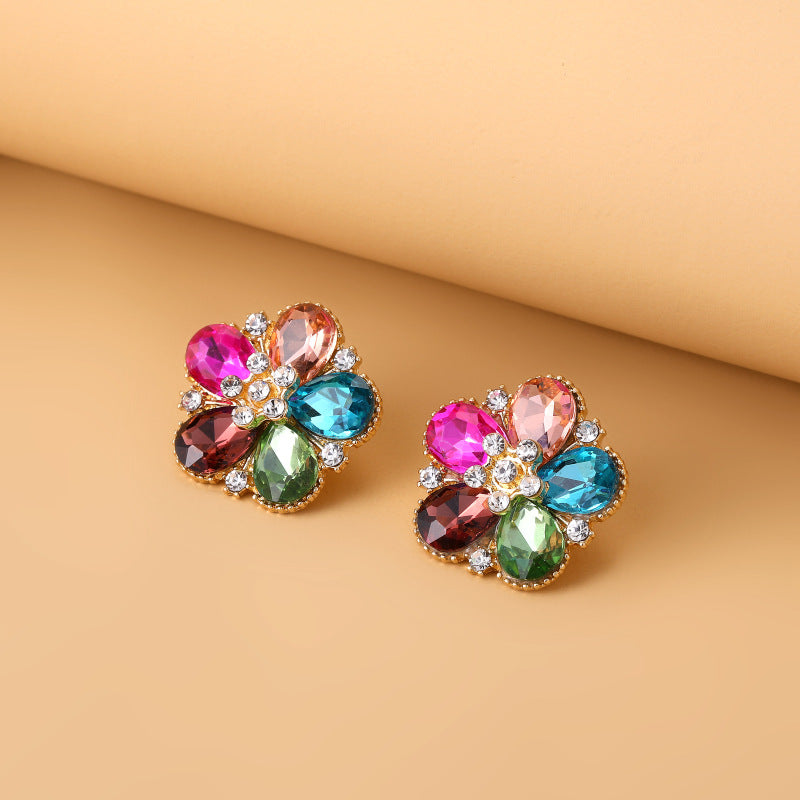 Camellia Crystal Earrings Rainbow Color Rhinestone Studs
