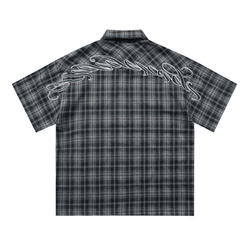 Letter Embroidered Short Sleeve Plaid Shirt Lapel Loose Shirt
