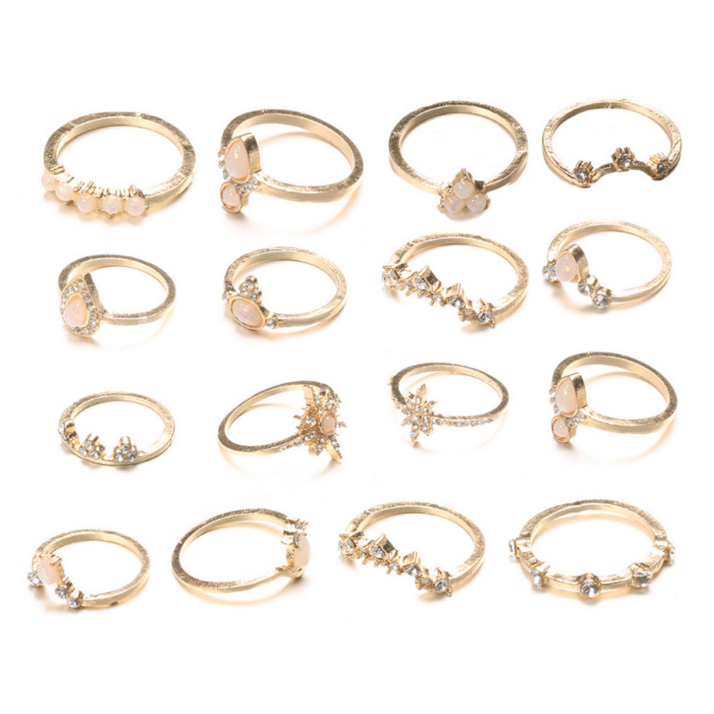 Diamond Crown Water Drop Retro Style 16 Pieces Set Rings