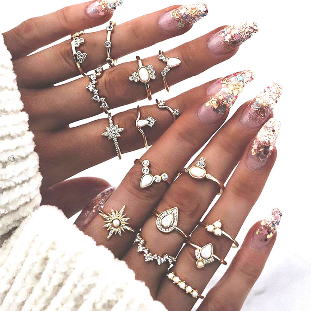 Diamond Crown Water Drop Retro Style 16 Pieces Set Rings