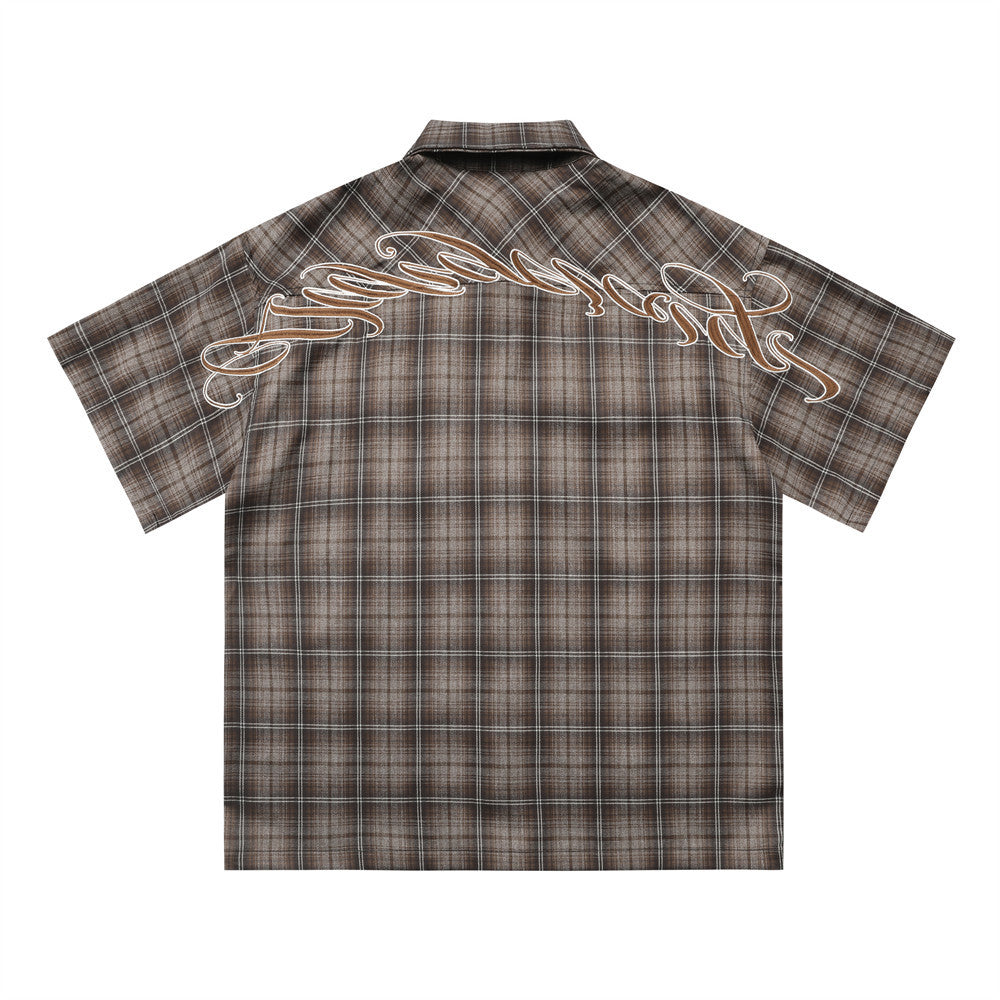 Letter Embroidered Short Sleeve Plaid Shirt Lapel Loose Shirt