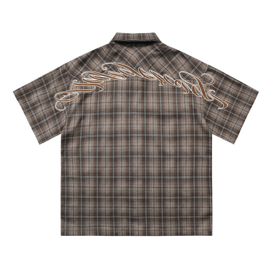 Letter Embroidered Short Sleeve Plaid Shirt Lapel Loose Shirt