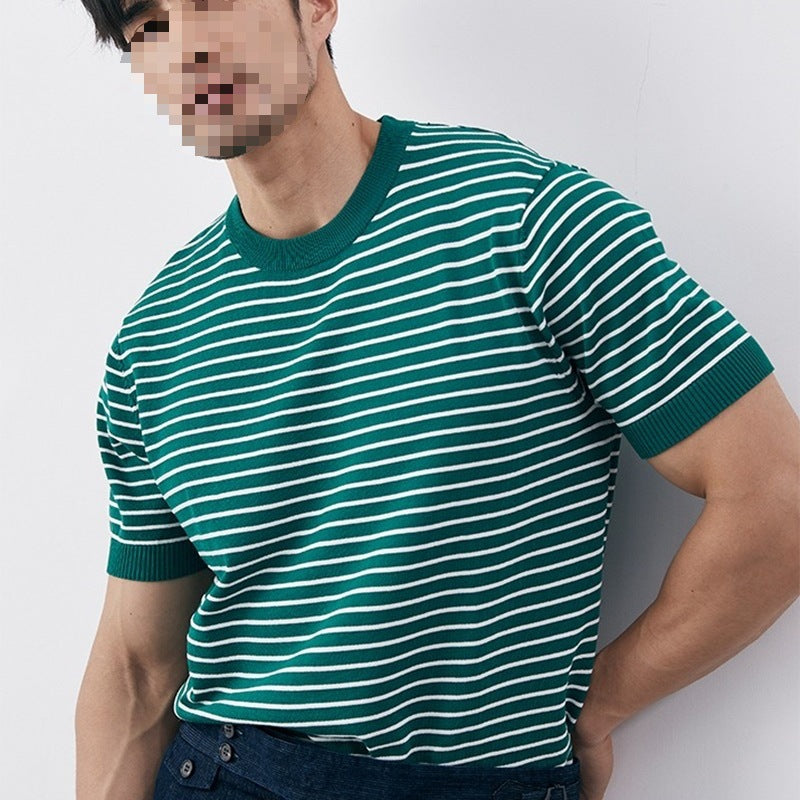 Men's High-grade Casual Striped Round Neck Knitted T-shirt