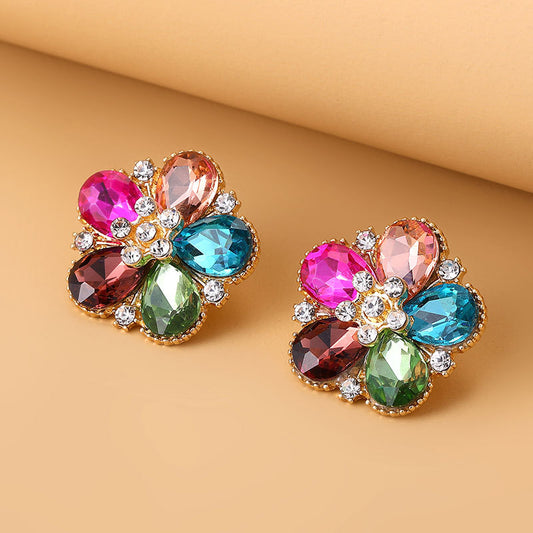 Camellia Crystal Earrings Rainbow Color Rhinestone Studs