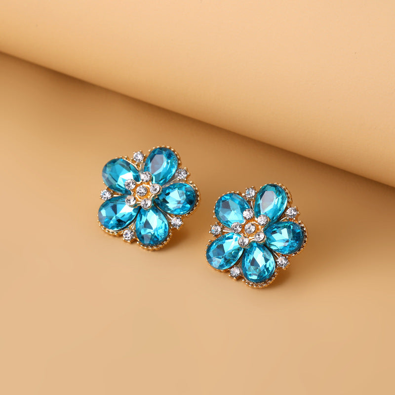 Camellia Crystal Earrings Rainbow Color Rhinestone Studs