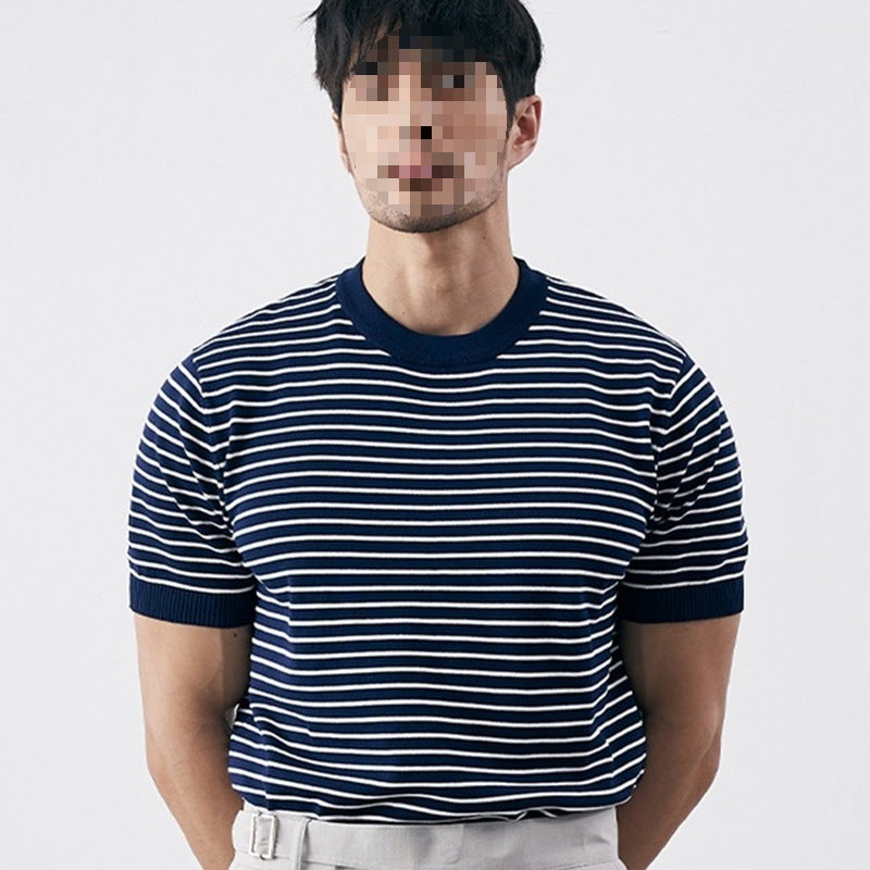 Men's High-grade Casual Striped Round Neck Knitted T-shirt