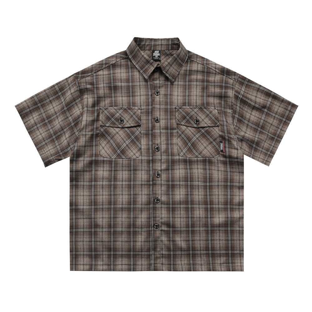 Letter Embroidered Short Sleeve Plaid Shirt Lapel Loose Shirt