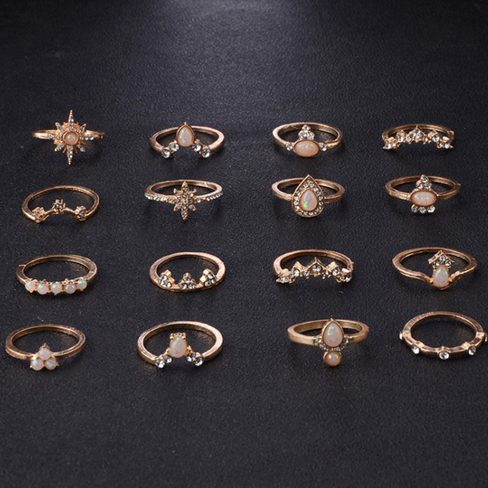 Diamond Crown Water Drop Retro Style 16 Pieces Set Rings