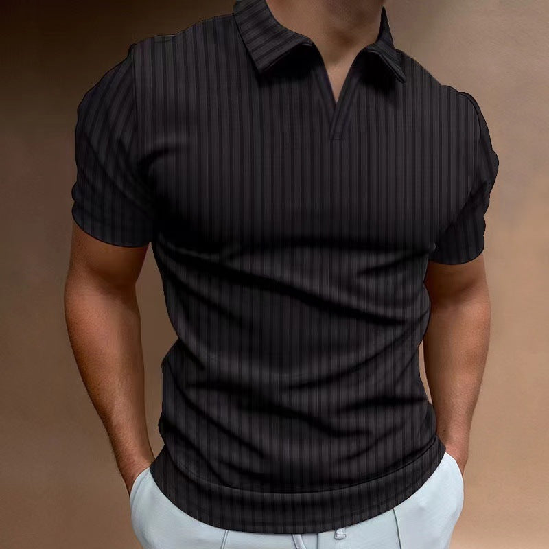 Summer Polo Shirt V-neck Striped High Elastic Short Sleeve Men's T-shirt