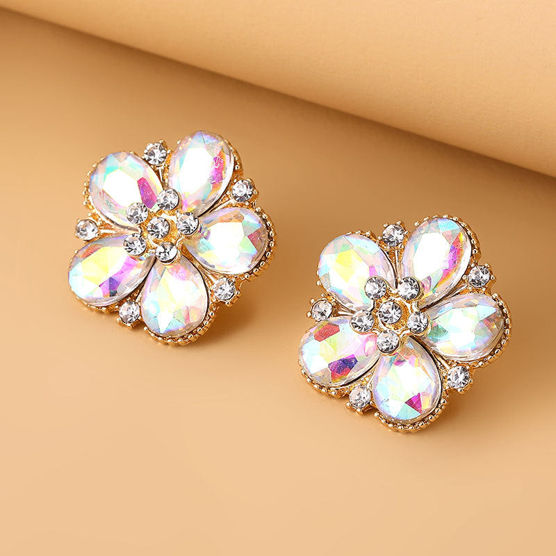 Camellia Crystal Earrings Rainbow Color Rhinestone Studs