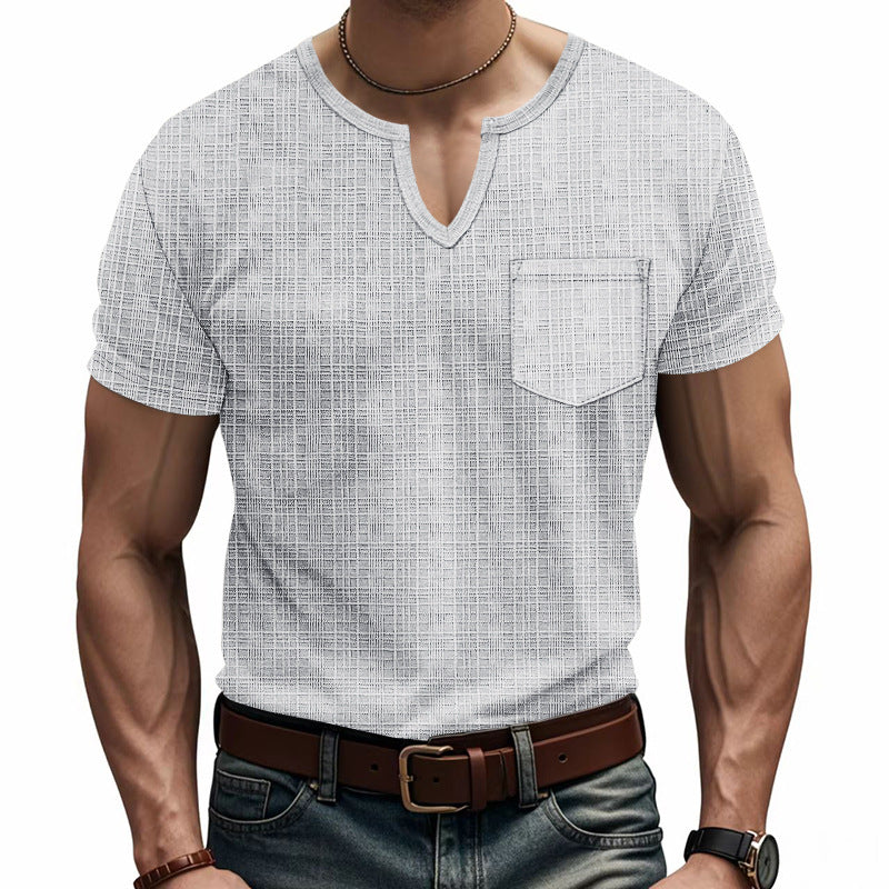 Men's Artificial Linen Bamboo Loose Casual Breathable V-neck Solid Color Short Sleeve