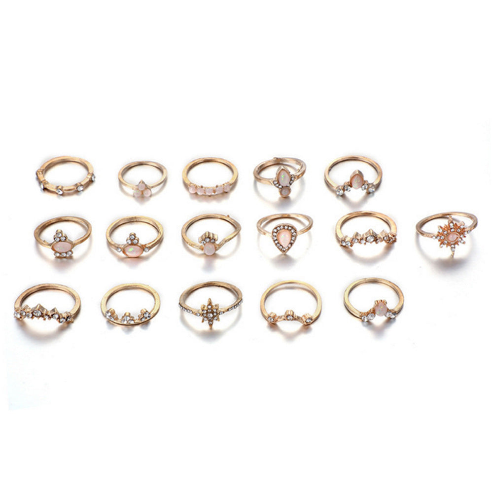 Diamond Crown Water Drop Retro Style 16 Pieces Set Rings