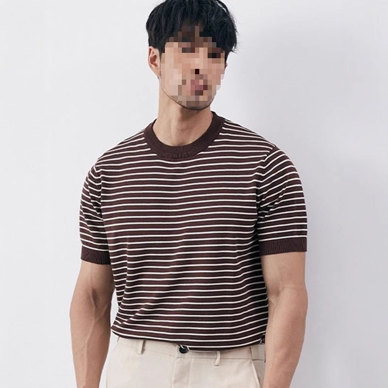 Men's High-grade Casual Striped Round Neck Knitted T-shirt