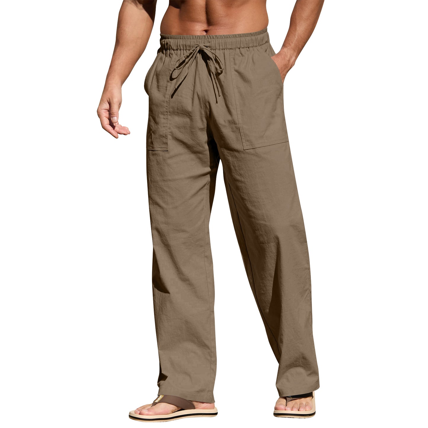 Men's Cotton And Linen Beach Trousers Drawstring Elastic Waist Straight Comfortable Breathable