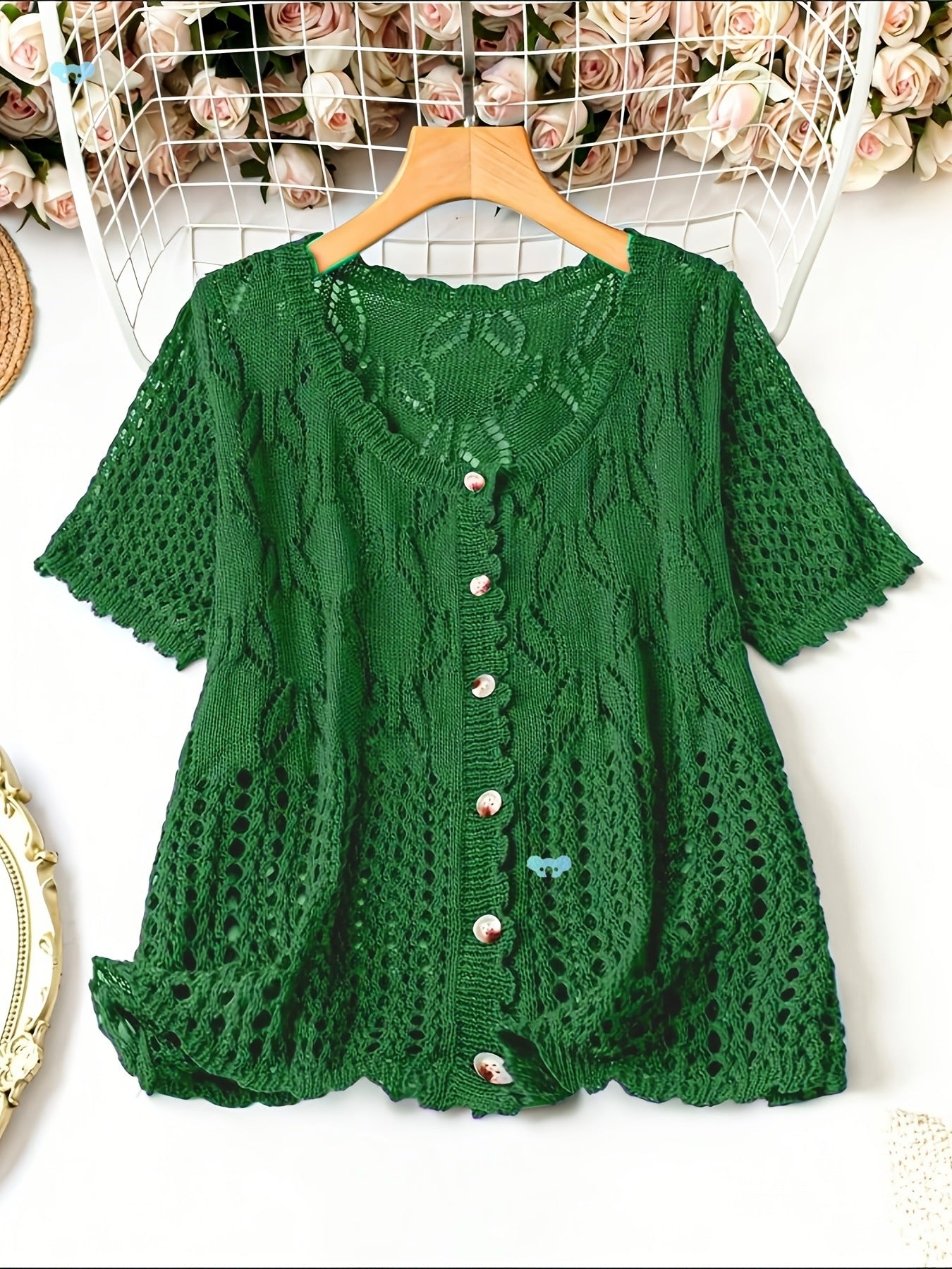 Women's Solid Color Hollow-out Button Short-sleeved Top