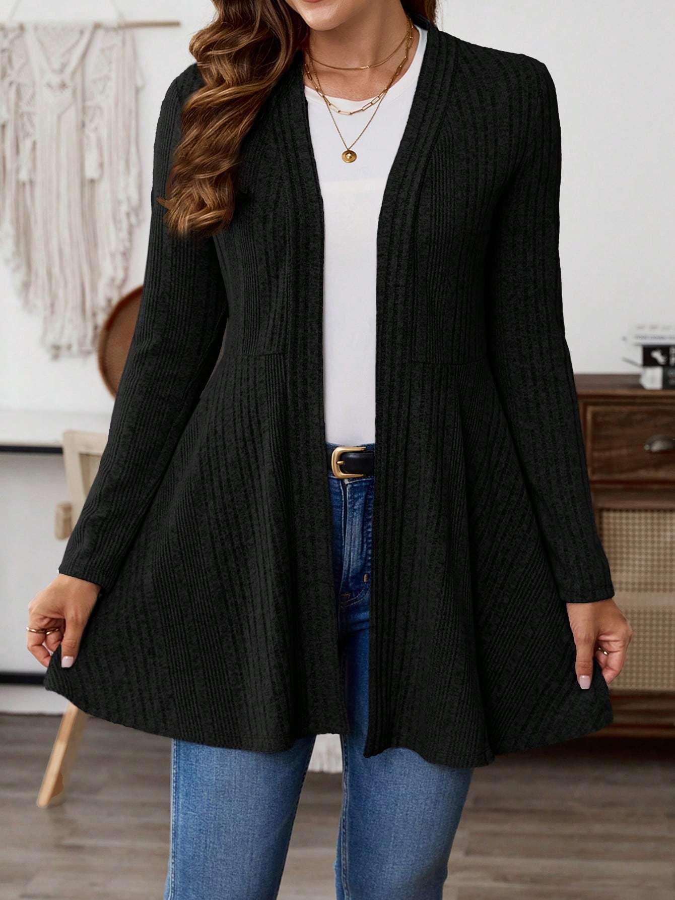 Women's Casual Solid Color Ribbed Knit Jacket