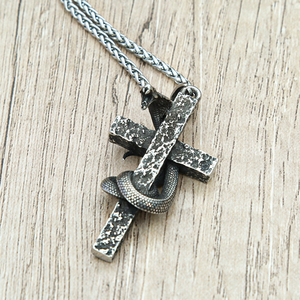 Mens Fashion Vintage Solid Three-dimensional Cobra Cross Pendant Necklace