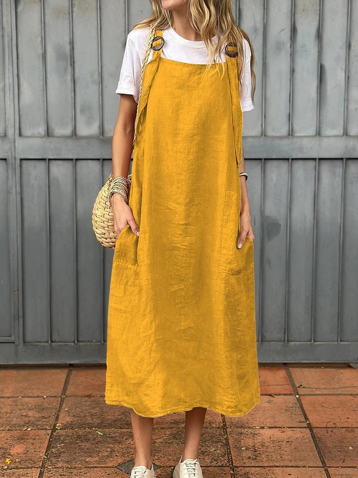 Summer Women's Adjustable Shoulder Strap Casual Cotton And Linen Dress