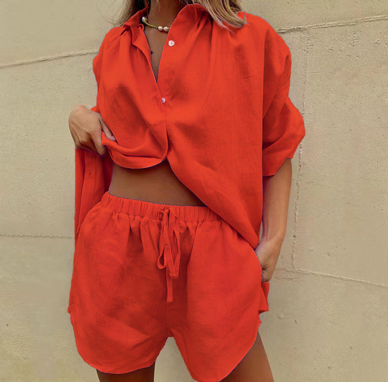 Two Piece Set Of Wide Leg Shorts With Tie Up Shorts