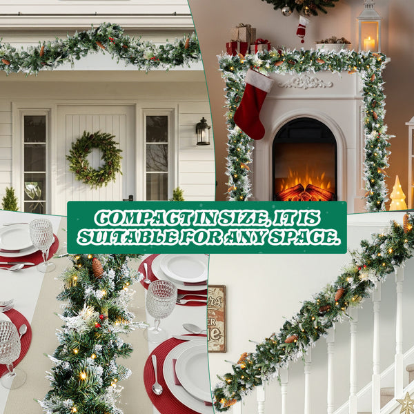2 Pack 9FT Pre-lit Snow Flocked Christmas Garland, Lighted Artificial Xmas Garland With 200 Warm Lights And 440 Tips And Red Berries, For Front Door Gate Wall Xmas Party Decorations, Snowy Green