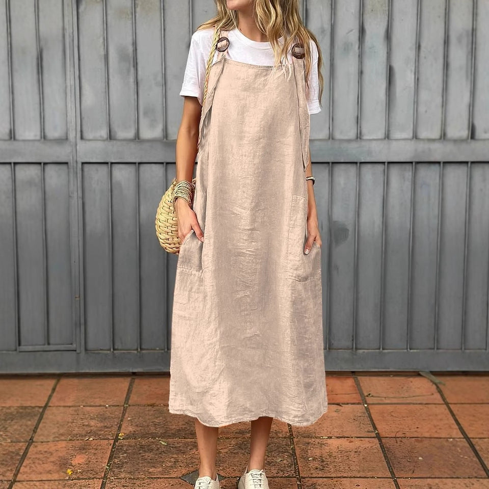 Summer Women's Adjustable Shoulder Strap Casual Cotton And Linen Dress