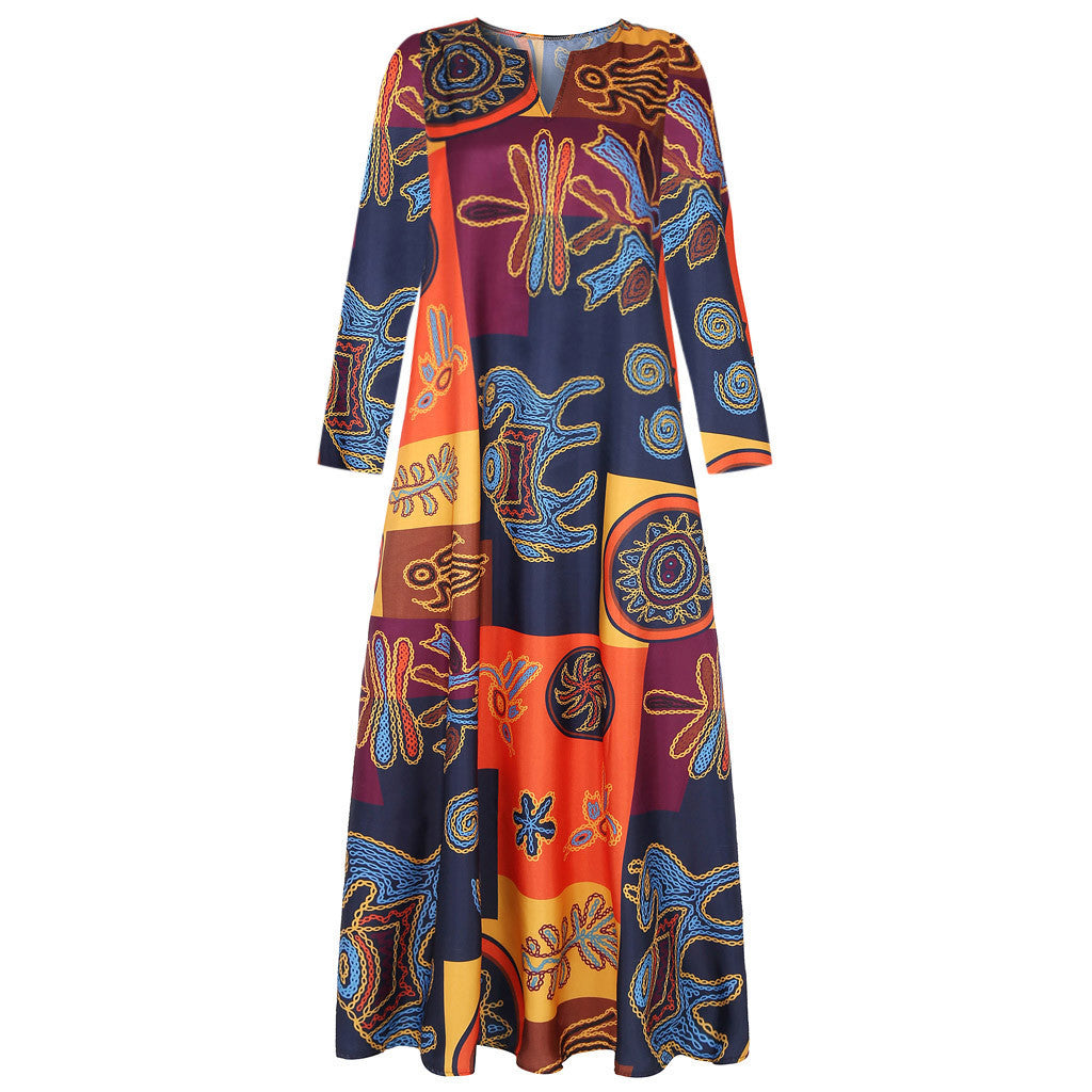 Women's V-neck Long Sleeve Pocket Printed Long Sleeve Dress