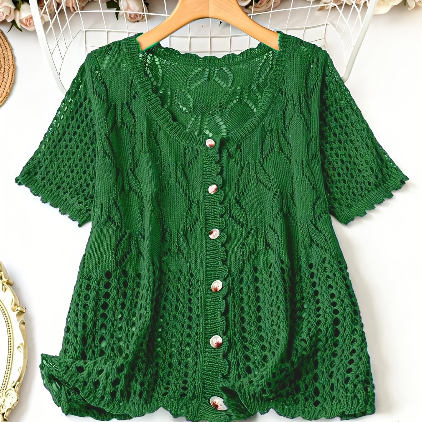 Women's Solid Color Hollow-out Button Short-sleeved Top