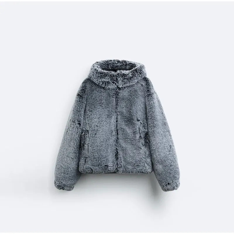 Women's Spring Clothing Imitation Fur Personality Street Fashion Solid Color Long Sleeve Zipper Hooded Short Jacket