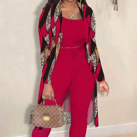 Women's Fashion Printed Coat Trousers Three-piece Suit