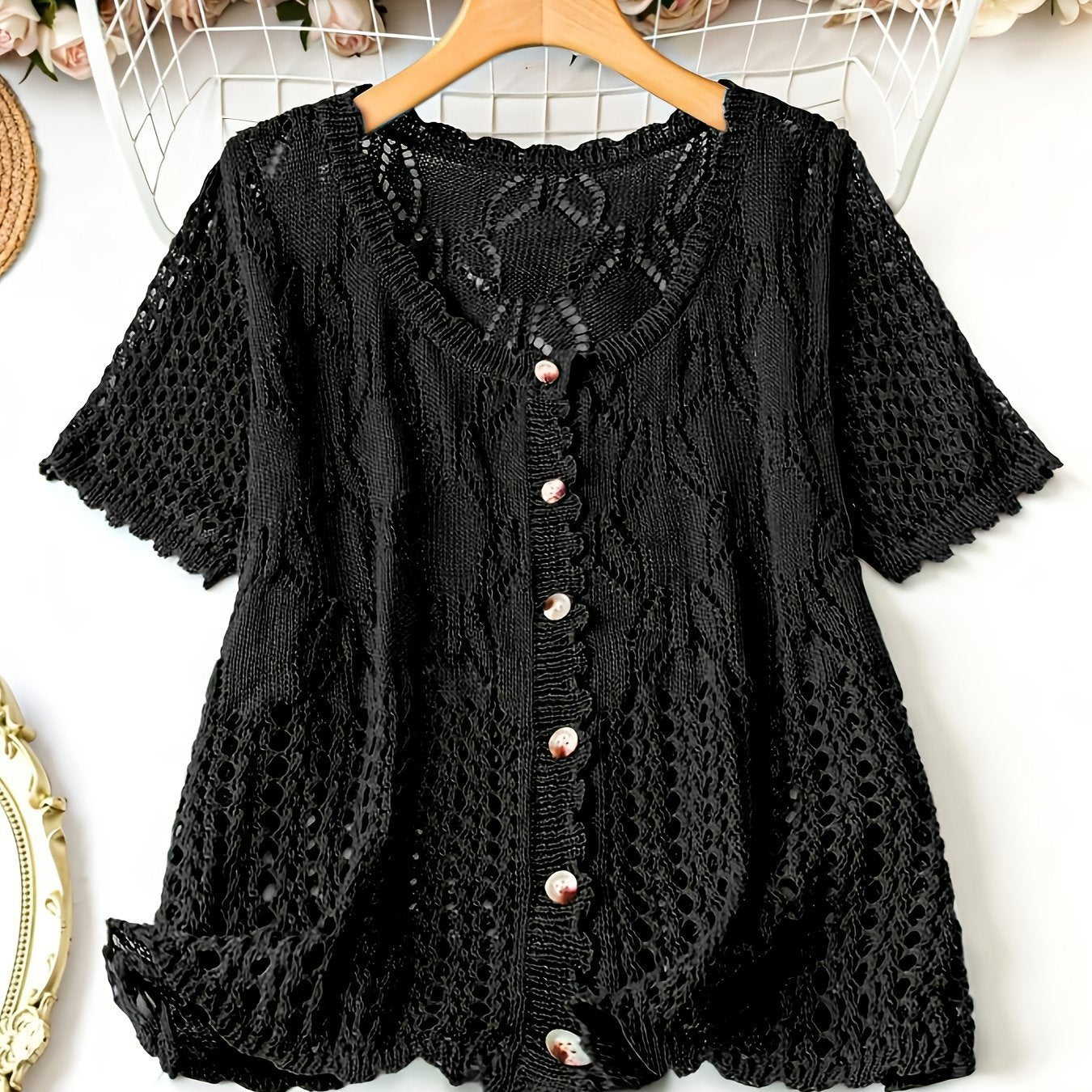 Women's Solid Color Hollow-out Button Short-sleeved Top