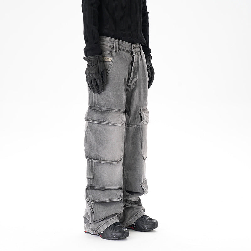 Distressed Multi-pocket Casual Loose Straight-leg Denim Overalls