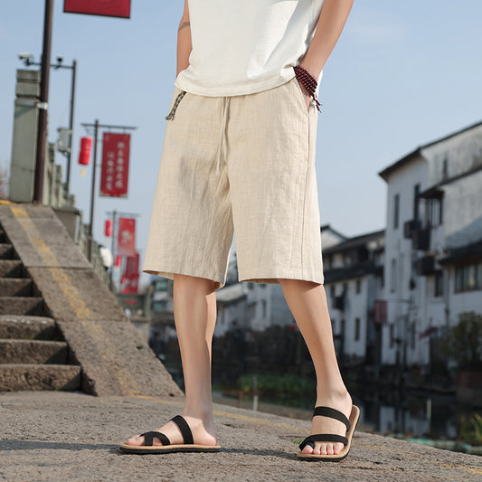 Fashion Solid Color Casual Summer Cotton Linen Straight Men's Shorts