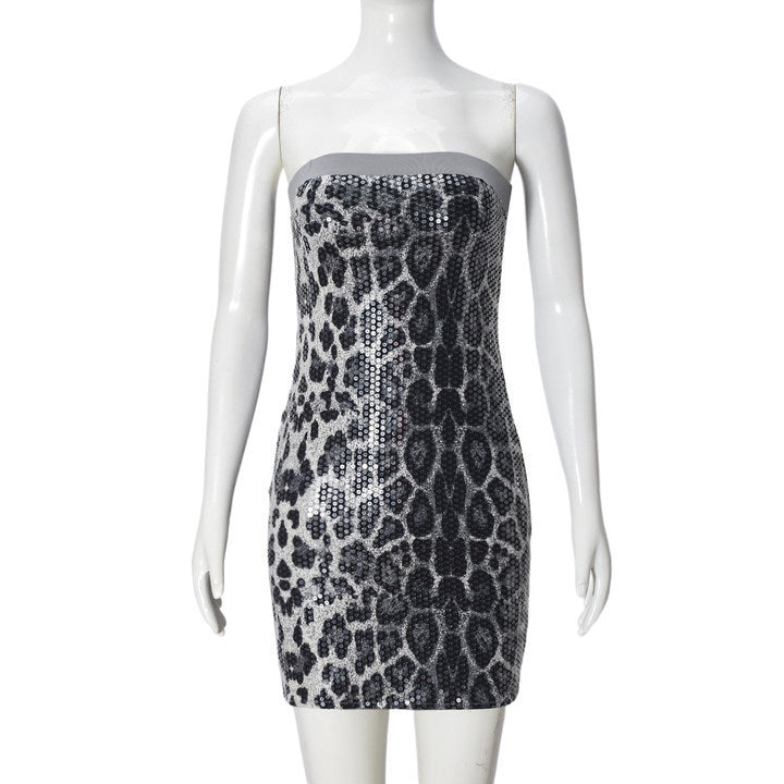 Leopard Print Women's Color Matching Double Layer Tube Dress Sequin Hip Bag Dress